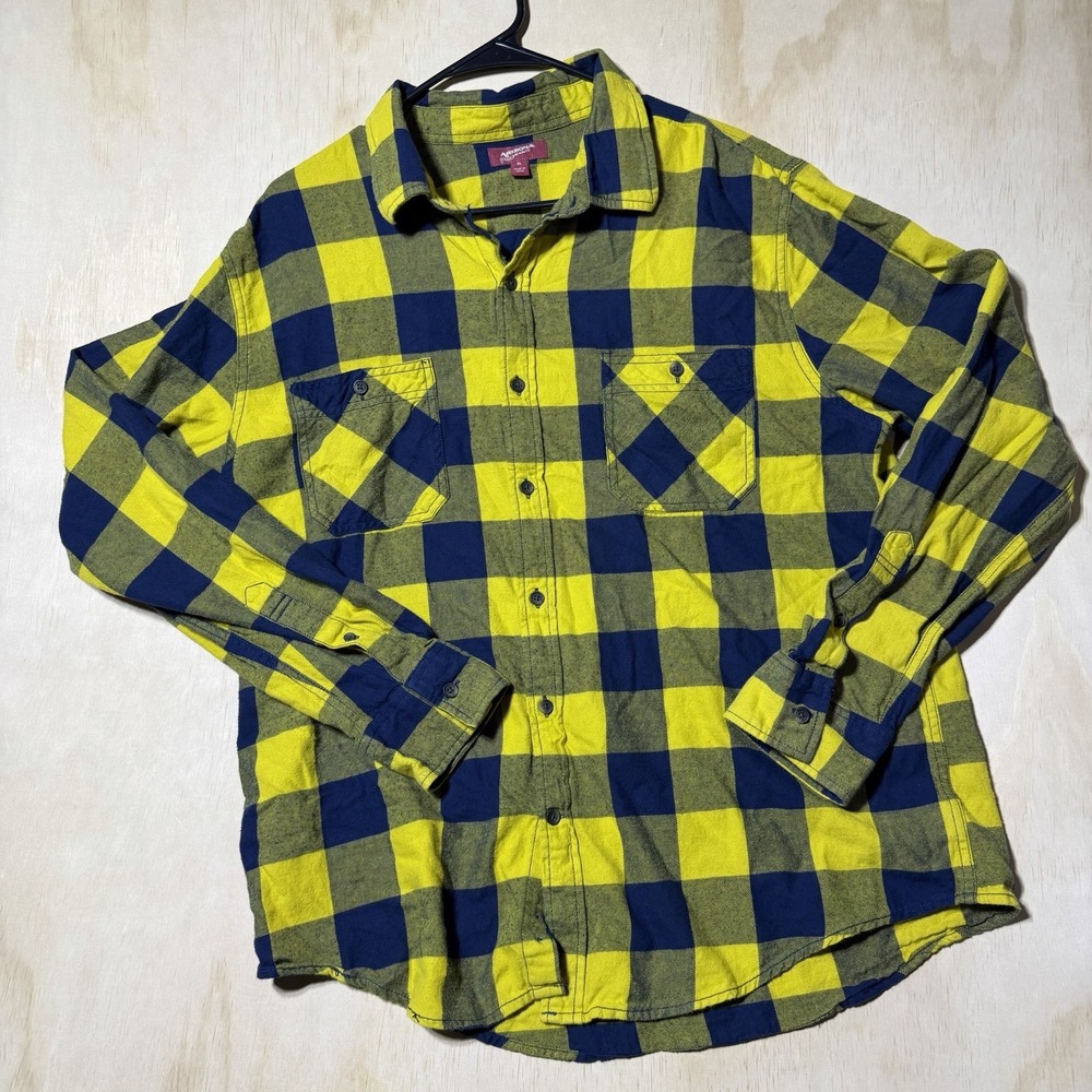 Arizona Jean Co Mens XL Buffalo Plaid Flannel Shirt Yellow Navy Cotton